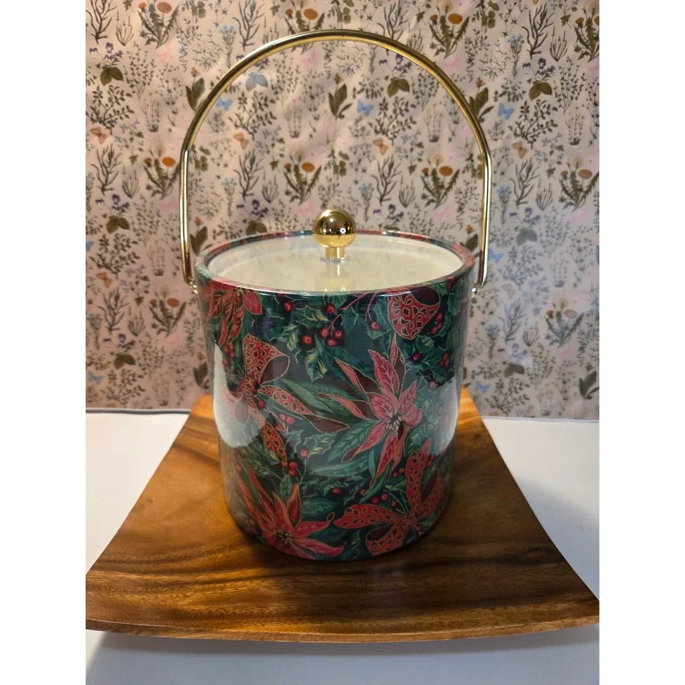 Vintage Kraftware Christmas Poinsettia Ice Bucket with Brass Lid knob and Handle